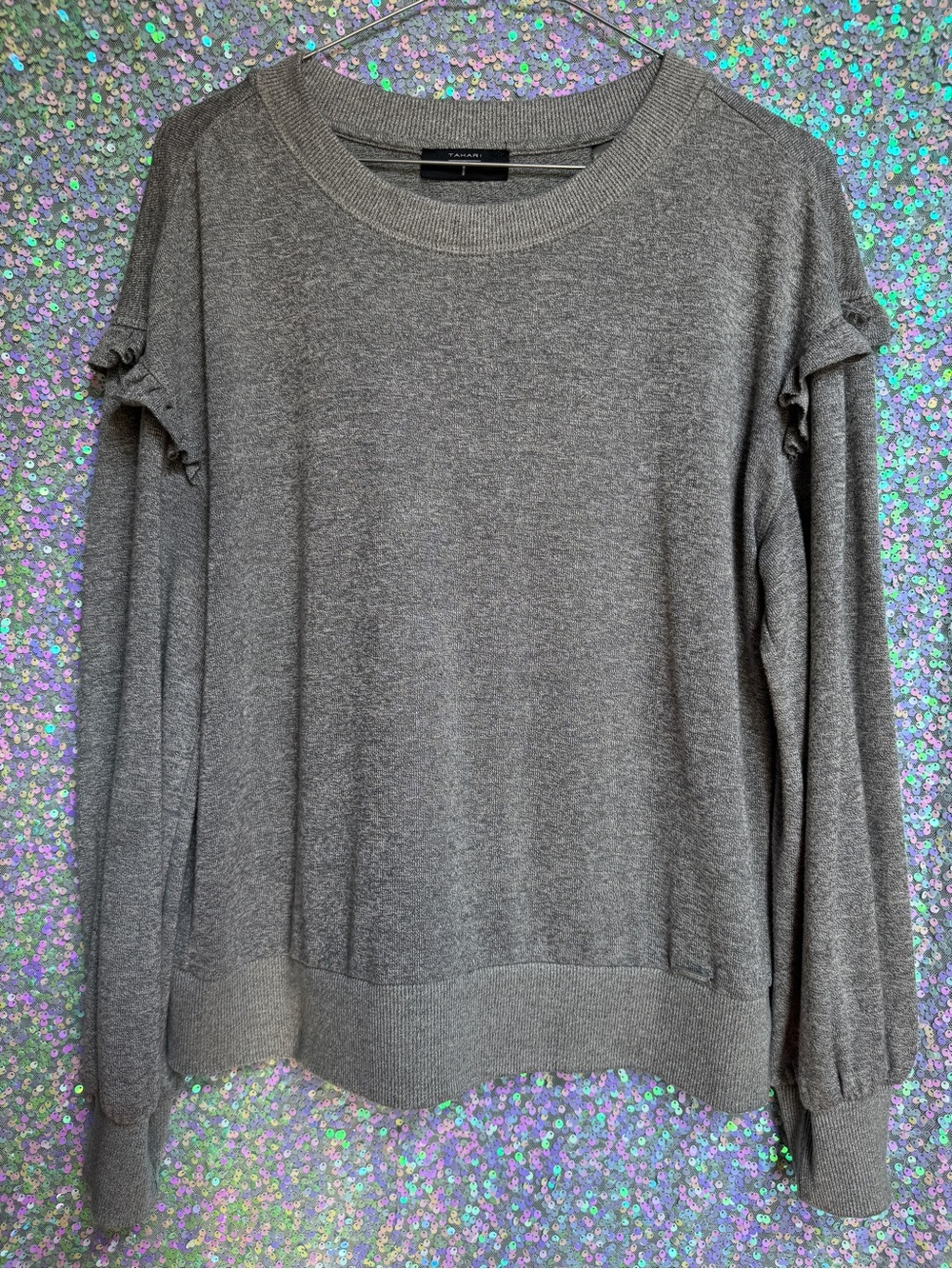 Tahari Gray Grey Ruffle Crewneck Sweater